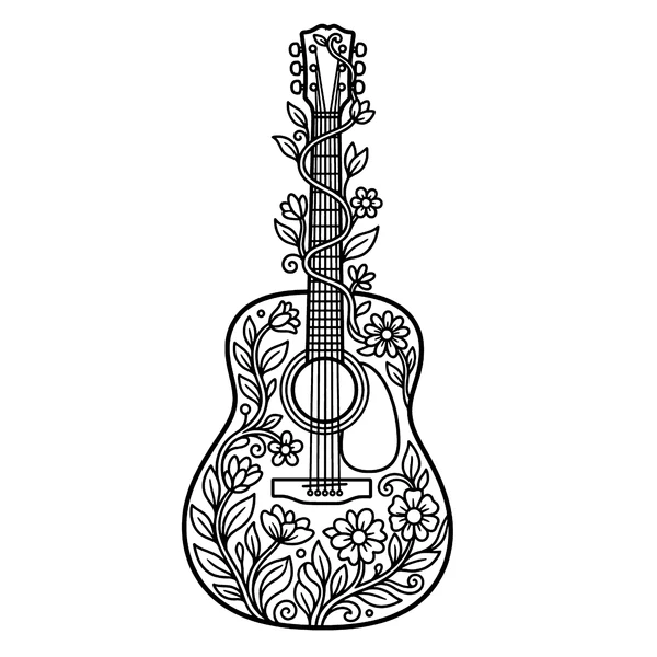 Acoustic Guitar with Floral Vines Coloring Page coloring page
