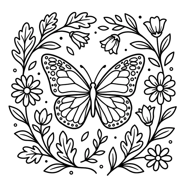 Aesthetic Butterfly and Floral Frame Coloring Page coloring page