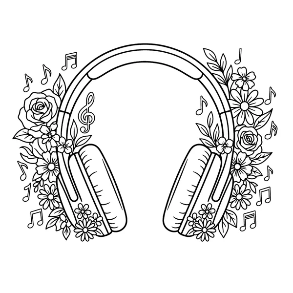 Aesthetic Headphones and Flowers Coloring Page coloring page