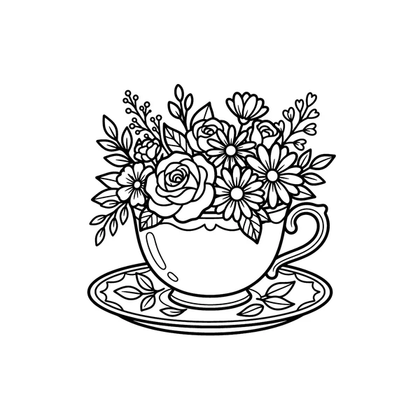 Aesthetic Teacup Flower Bouquet Coloring Page coloring page