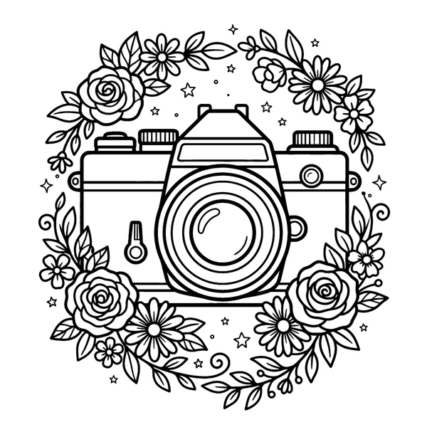 Aesthetic Vintage Camera with Floral Wreath Coloring Page coloring page