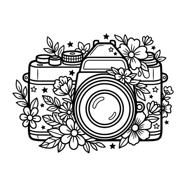 Aesthetic Vintage Camera with Flowers Coloring Page coloring page