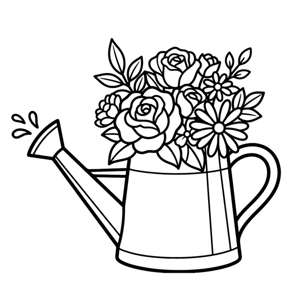 Aesthetic Watering Can with Flowers Coloring Page coloring page