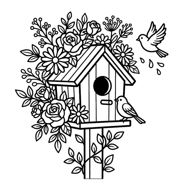 Charming Birdhouse and Floral Garden Coloring Page coloring page