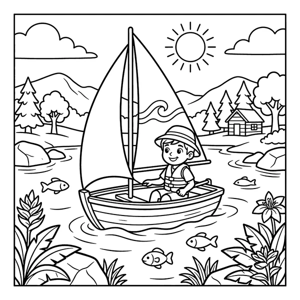 Boy Sailing on a Lake Coloring Page coloring page