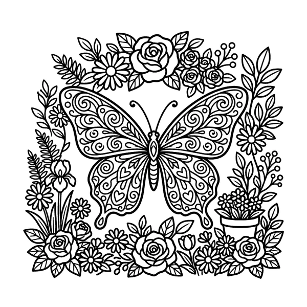 Detailed Butterfly and Floral Garden Coloring Page coloring page