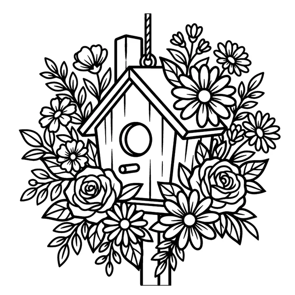 Charming Birdhouse and Spring Flowers Coloring Page coloring page