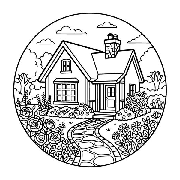 Circular Cottage Garden Coloring Page coloring page
