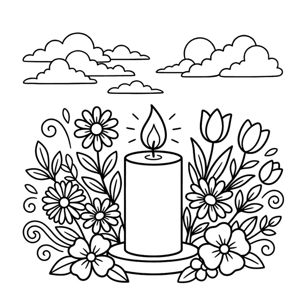 Cozy Candle and Floral Garden Coloring Page coloring page