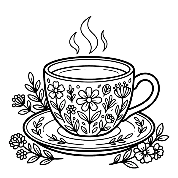 Cozy Floral Teacup and Saucer Coloring Page coloring page