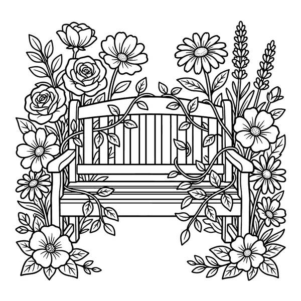 Cozy Garden Bench and Flowers Coloring Page coloring page