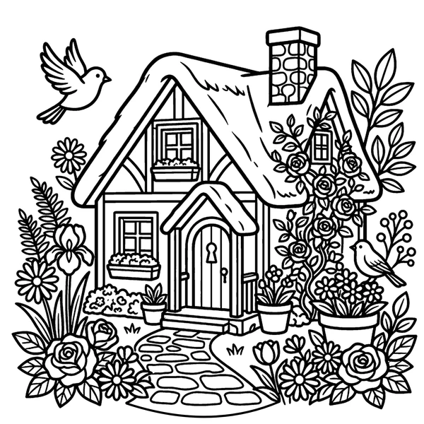 Cozy Storybook Cottage and Garden Coloring Page coloring page