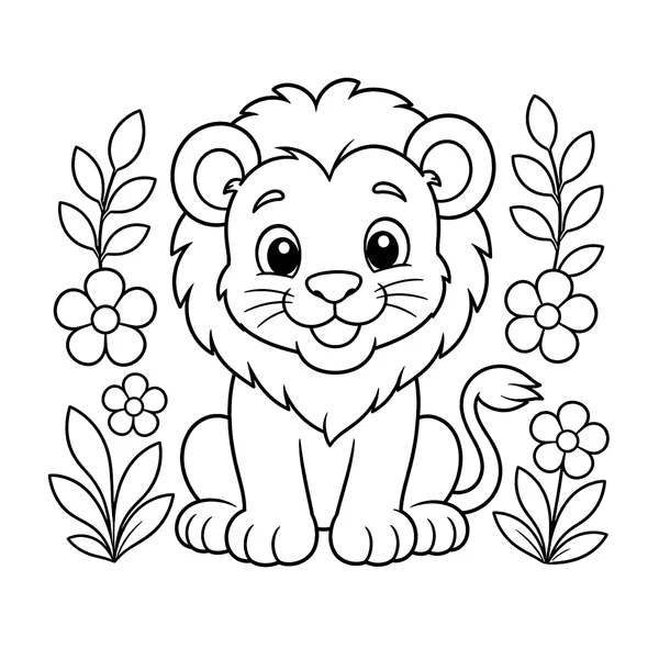 Cute Baby Lion with Flowers Coloring Page coloring page