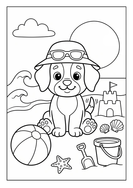 Cute Beach Puppy with Sun Hat Ball and Sandcastle Coloring Page coloring page