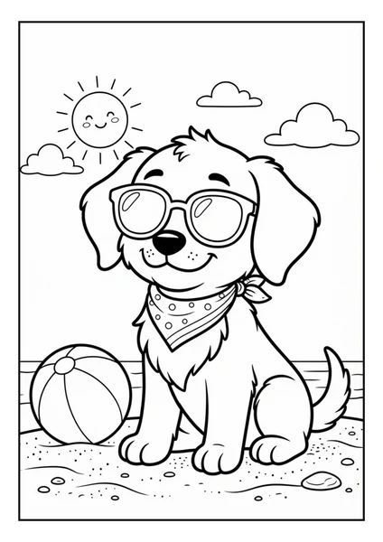 Cute Beach Puppy with Sunglasses Bandana and Beach Ball Coloring Page coloring page