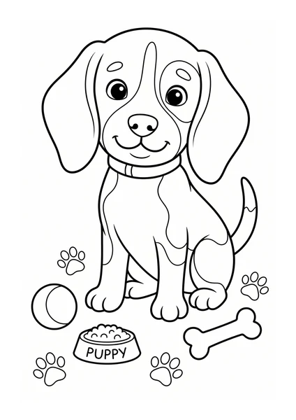 Cute Beagle Puppy with Food Bowl Ball and Bone Coloring Page coloring page