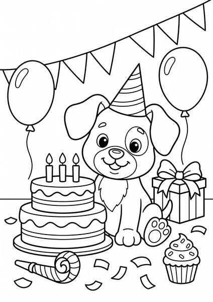 Cute Birthday Puppy with Cake Balloons and Gift Coloring Page coloring page