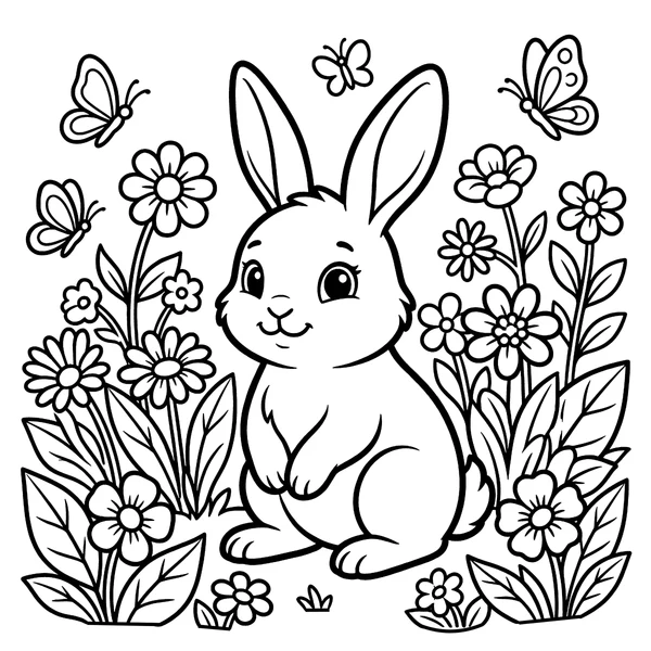 Cute Bunny in a Spring Flower Garden coloring page