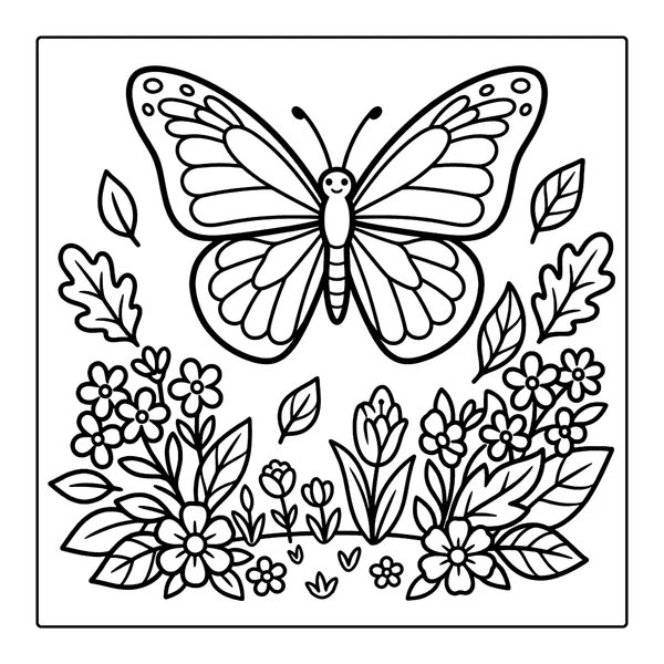 Cute Butterfly in a Flower Garden Coloring Page coloring page