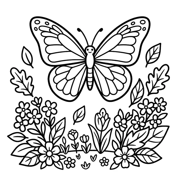 Cute Butterfly in a Flower Garden Coloring Page coloring page