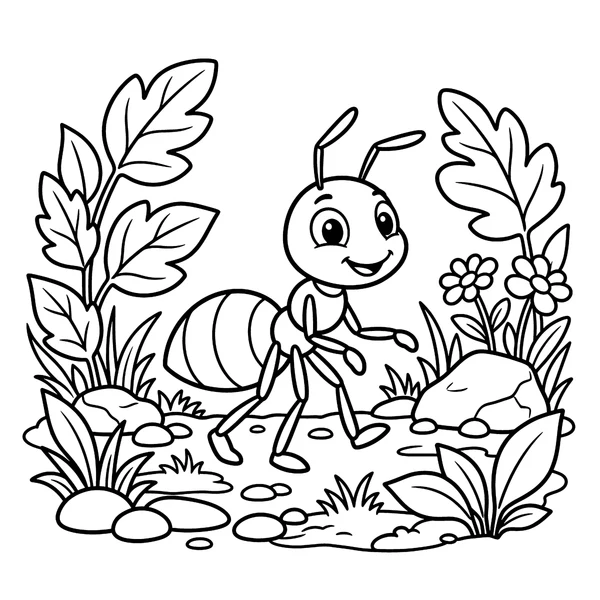 Cute Cartoon Ant in the Garden Coloring Page coloring page