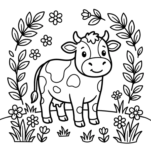 Cute Cartoon Cow in a Floral Pasture Coloring Page coloring page