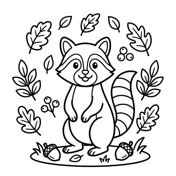 Cute Cartoon Raccoon in the Forest Coloring Page coloring page