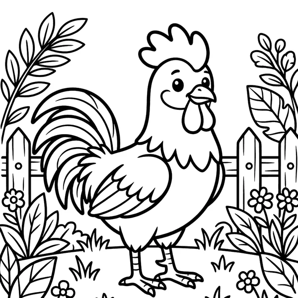 Cute Cartoon Rooster by the Garden Fence Coloring Page coloring page