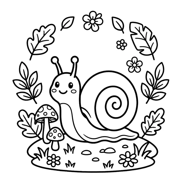 Cute Cartoon Snail with Mushrooms and Flowers Coloring Page coloring page