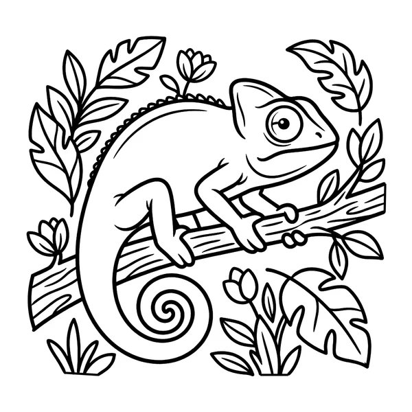 Cute Chameleon on a Tree Branch Coloring Page coloring page