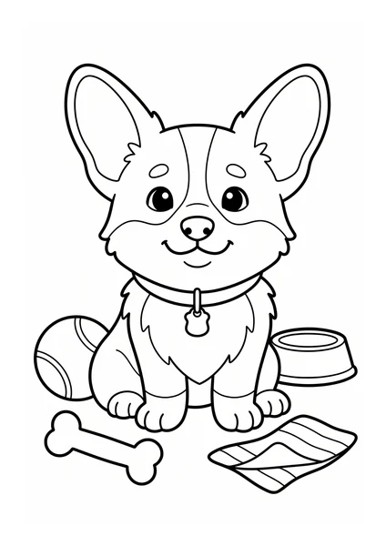 Cute Corgi Puppy with Ball Bone Bowl and Blanket Coloring Page coloring page