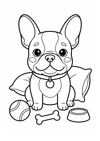 Cute French Bulldog Puppy with Ball Bone and Bowl Coloring Page coloring page