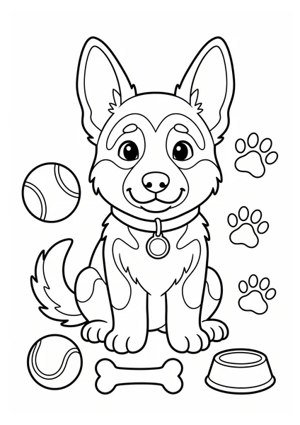 Cute German Shepherd Puppy with Ball Bone and Paw Prints Coloring Page coloring page