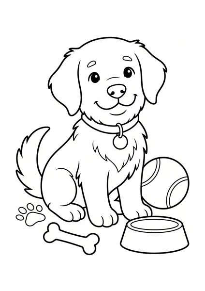 Cute Golden Retriever Puppy with Ball Bone and Bowl Coloring Page coloring page