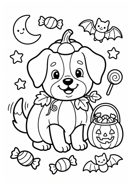 Cute Halloween Puppy with Pumpkin Candy and Bats Coloring Page coloring page