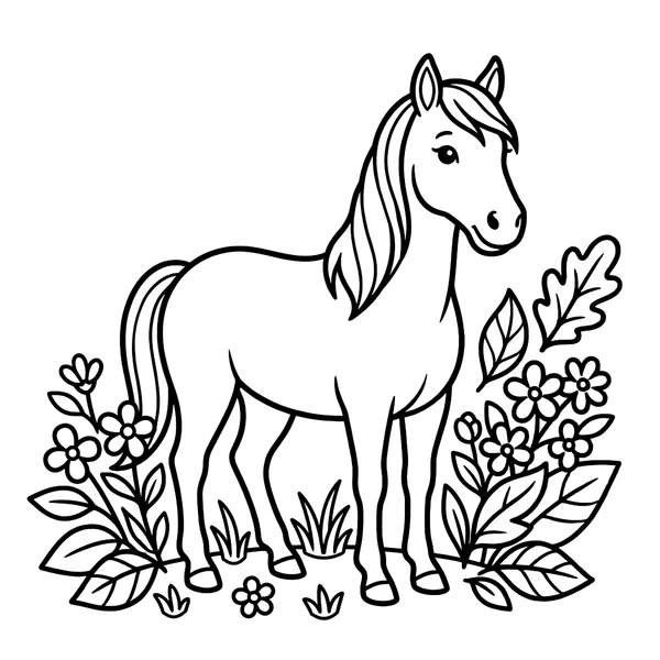 Cute Horse in a Flower Meadow Coloring Page coloring page