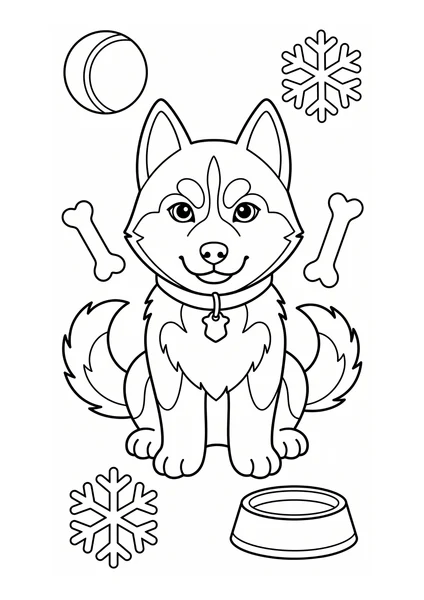 Cute Husky Puppy with Snowflakes Ball and Bones Coloring Page coloring page