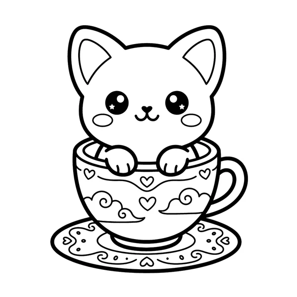 Cute Kawaii Kitten in a Teacup Coloring Page coloring page