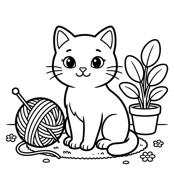 Cute Kitten with Yarn Ball Coloring Page coloring page
