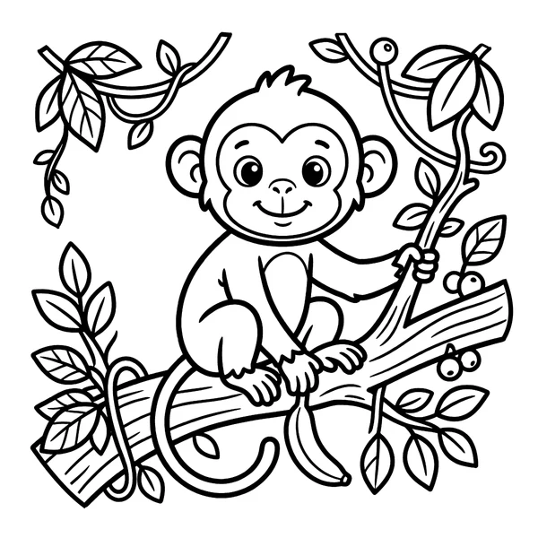 Cute Monkey on a Jungle Branch Coloring Page coloring page