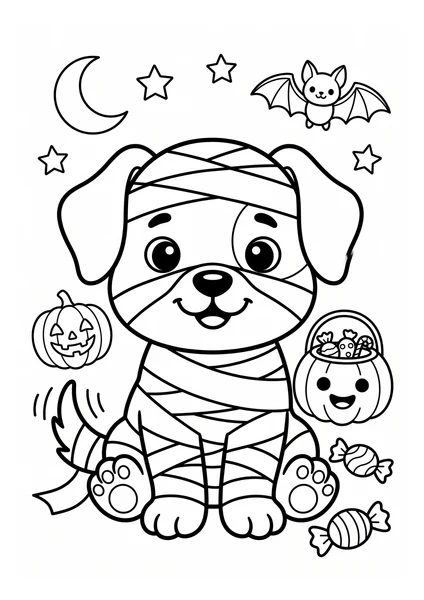 Cute Mummy Puppy with Pumpkin Candy and Bat Coloring Page coloring page