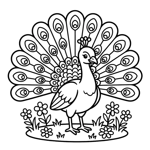Cute Peacock with Beautiful Feathers Coloring Page coloring page