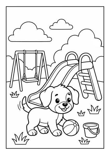 Cute Puppy at Playground with Slide Swing and Ball Coloring Page coloring page