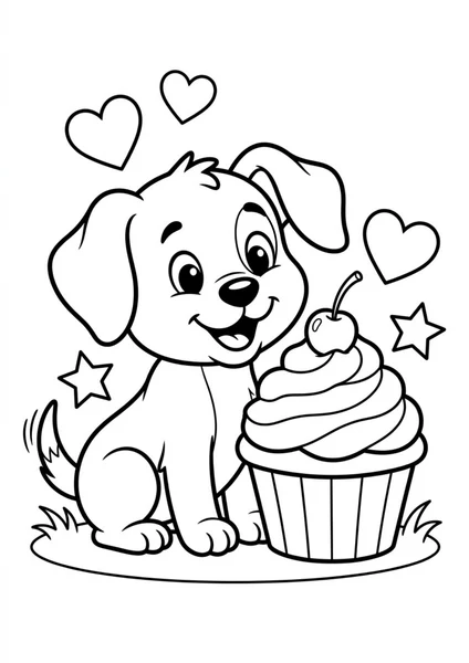 Cute Puppy Beside Cupcake with Cherry and Hearts Coloring Page coloring page