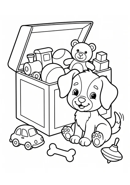 Cute Puppy Beside Toy Chest with Teddy Bear Coloring Page coloring page