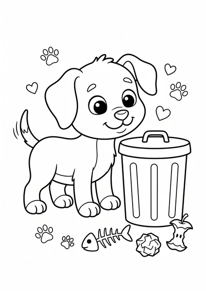 Cute Puppy Beside Trash Can with Litter Coloring Page coloring page