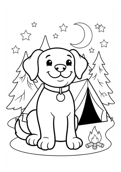 Cute Puppy Camping by Tent and Campfire Coloring Page coloring page