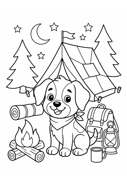 Cute Puppy Camping with Tent Campfire and Backpack Coloring Page coloring page