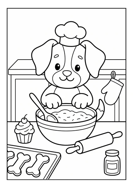 Cute Puppy Chef Mixing Batter with Bone Cookies Coloring Page coloring page