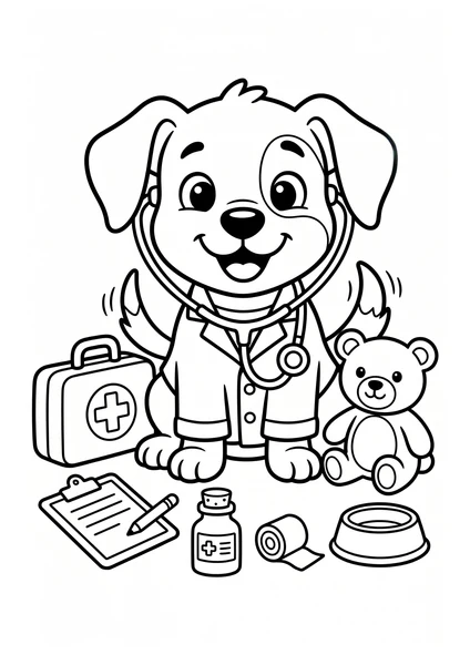 Cute Puppy Doctor with Stethoscope and Medical Kit Coloring Page coloring page
